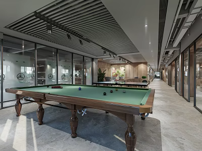 Leisure Area With Open Space Glass Partitions Wooden Pool Table And Green Plants 3d model