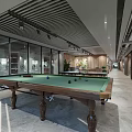 Leisure Area With Open Space Glass Partitions Wooden Pool Table And Green Plants
