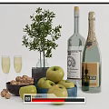 Green Apples in Blue Bowl Beside Champagne Bottle and Wine Glasses Nuts and Green Plant