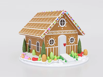 Cartoon Gingerbread House Scene With Colorful Candy Roof Small Green Trees And Snowy Base 3d model