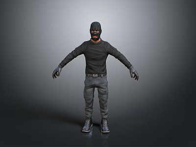 Man In Dark Long Sleeve Shirt Gray Pants And Gloves With Hood Standing Pose 3d model