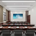 Spacious Meeting Room With Long Table Black Chairs Red Bulletin Board And Blue Slogan