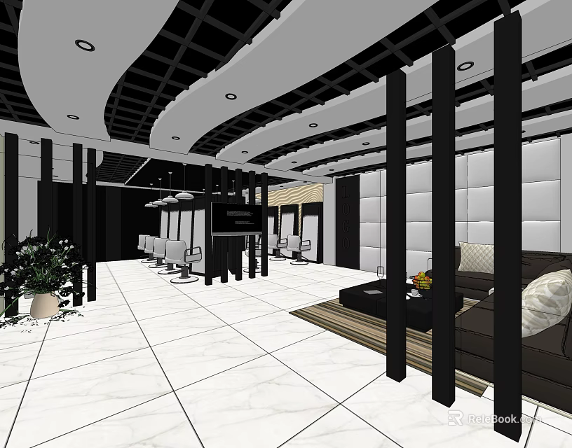 Modern Beauty Hair Salon Interior Design With White Tile Floor Black Pillars And Sofa Area 3d model 