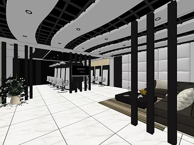 Modern Beauty Hair Salon Interior Design With White Tile Floor Black Pillars And Sofa Area 3d model