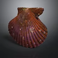 Vibrant Red Brown Marine Scallop Displaying Fan Shaped Shell Textured Surface And Glossy Details