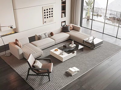 Modern Sofa and Coffee Table Set with Cushions on Striped Rug and Window View 3d model