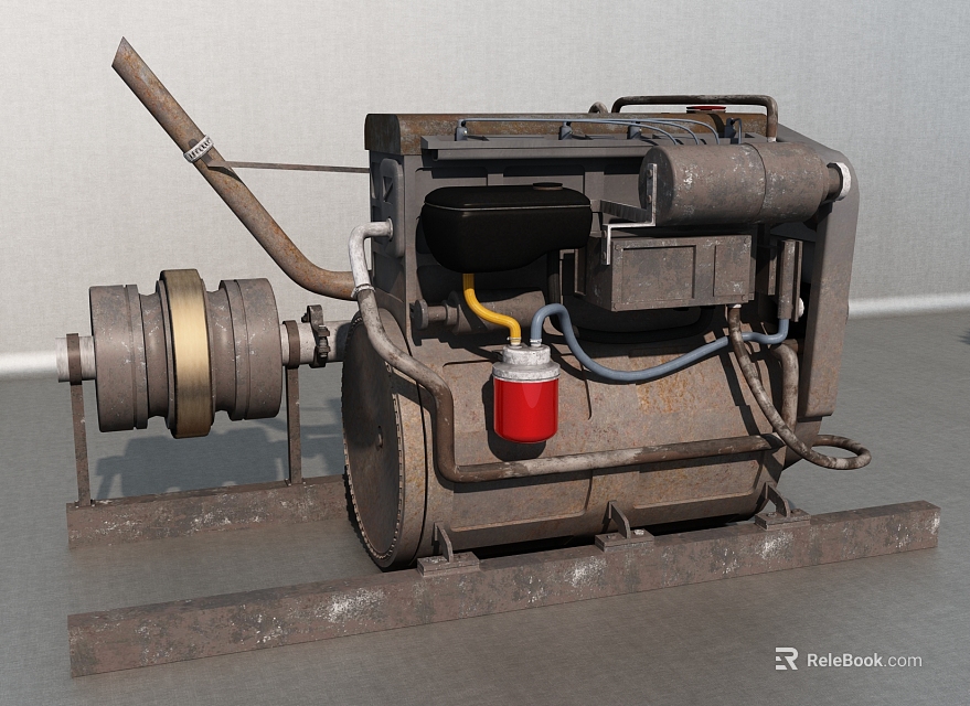 Vintage Industrial Engine With Metal Frame Red Container Pipes And Rotating Wheel 3d model 