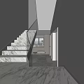 Modern Staircase With Marble Steps Glass Railing And City View Through Large Window 3d model