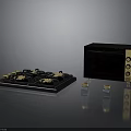 Modern Black Kitchen Appliances With Gas Stove Microwave Oven And Gold Accents