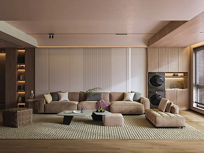 Cozy Modern Warm Tone Living Room With Large Sectional Sofa And Elegant Interior Design 3d model