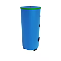 Blue Cylindrical Container With Green Top Edge And Black Rolling Wheels