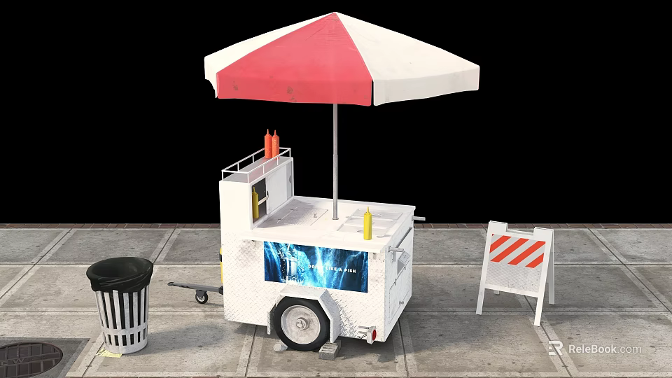 White Functional Cart With Red And White Umbrella Screen Trash Bin And Warning Sign 3d model