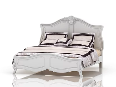 White European Style Double Bed With Carved Headboard And Striped Bedspread 3d model