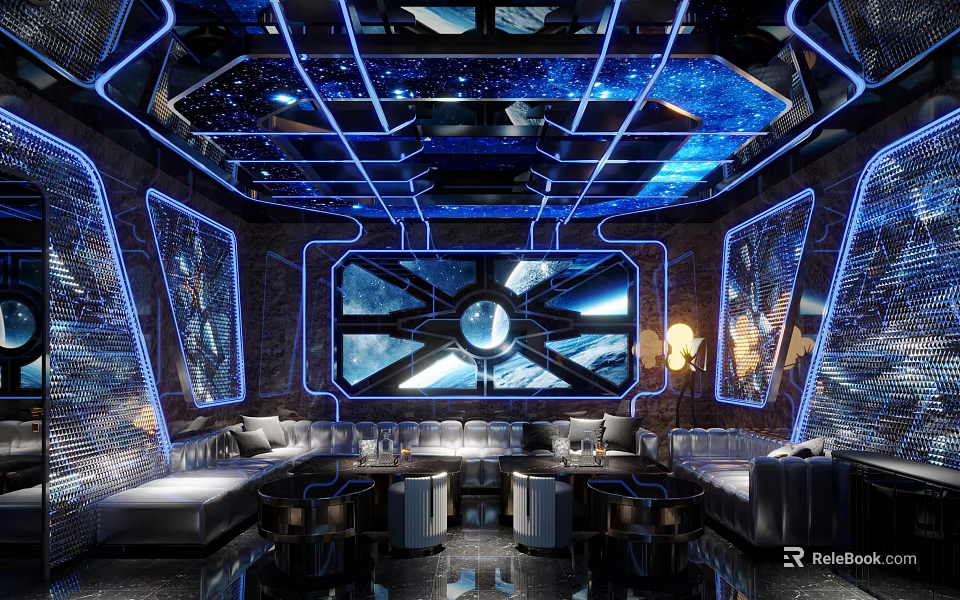 Luxurious KTV Interior Design With Starry Ceiling Blue Lighting And Comfortable Sofas 3d model 
