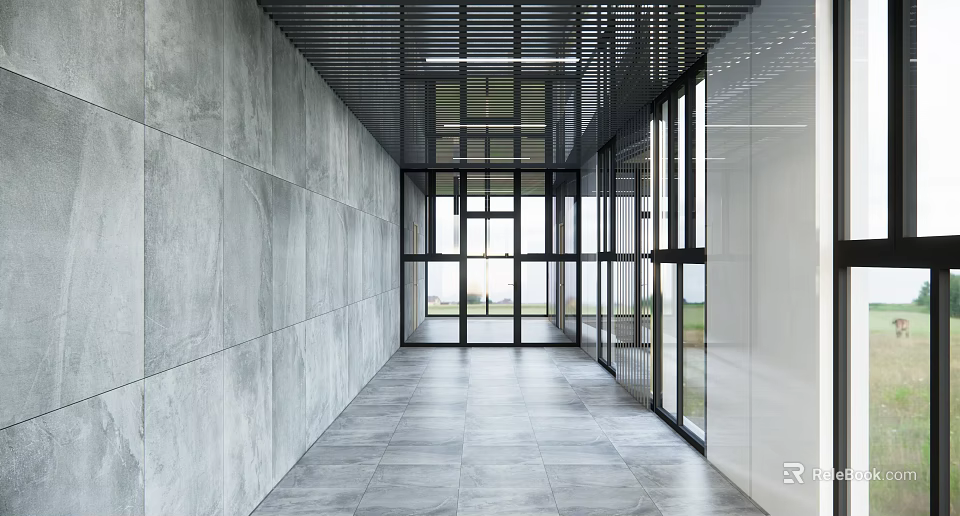 Modern Minimalist Corridor With Concrete Walls Glass Doors And Long Ceiling Grille 3d model 