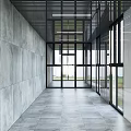 Modern Minimalist Corridor With Concrete Walls Glass Doors And Long Ceiling Grille