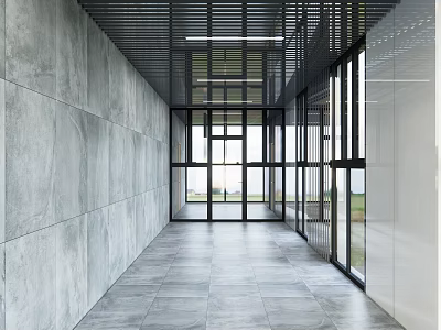 Modern Minimalist Corridor With Concrete Walls Glass Doors And Long Ceiling Grille 3d model