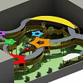Kindergarten Outdoor Playground With Colorful Geometric Shapes And Children Playing On Multi Level Wooden Slide