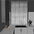 Stylish Kitchen Interior With Grey Cabinets Window Blinds Sink Spice Bottles And Green Plant
