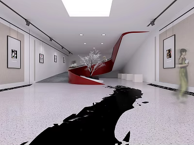 Modern Hall Interior With Red Spiral Staircase Black Floor Design Wall Paintings And Decorative Tree 3d model