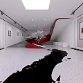 Modern Hall Interior With Red Spiral Staircase Black Floor Design Wall Paintings And Decorative Tree