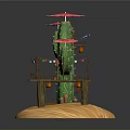Green Cactus With Wooden Platform Staircase And Pink Umbrellas On Sandy Base