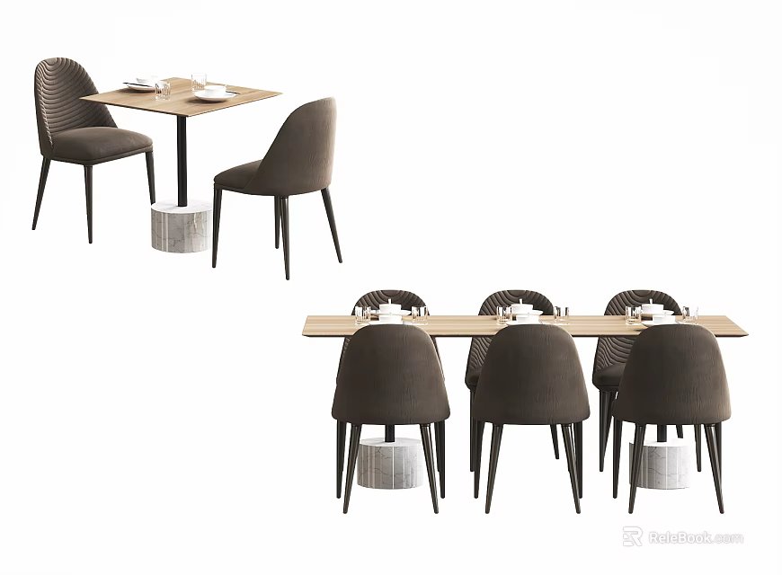 Modern Dining Table Set With Brown Chairs And Wooden Tabletop Design 3d model