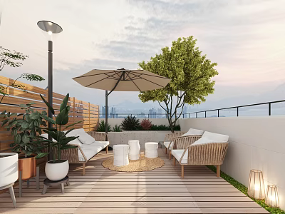 Roof Garden With Wooden Deck Wicker Sofas Umbrella Green Plants Lamp And City View 3d model