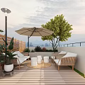 Roof Garden With Wooden Deck Wicker Sofas Umbrella Green Plants Lamp And City View