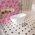 White Bathtub in Bathroom With Pink Floral Wallpaper and Black White Checkered Floor Tiles