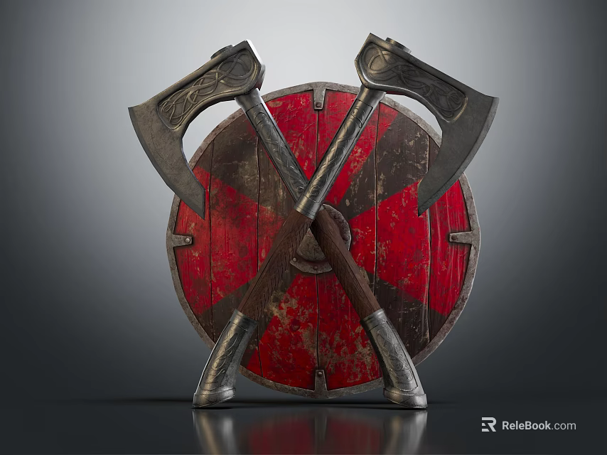Crossed Metal Axes And Red Wooden Shield As Historical Warrior Weapons 3d model 