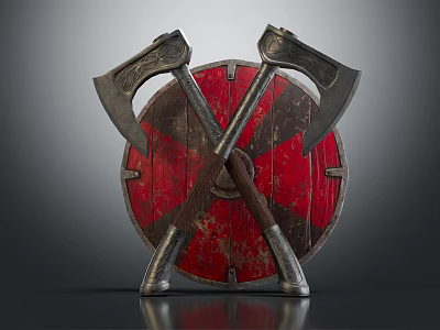 Crossed Metal Axes And Red Wooden Shield As Historical Warrior Weapons 3d model