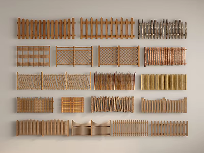 Multiple Types of Fences Featuring Different Materials and Designs on 3d model
