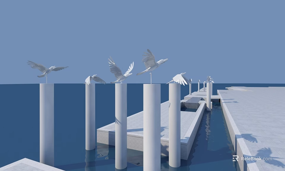 White Bird Statues Perched On White Pillars In Water With Blue Sky And Dock 3d model 