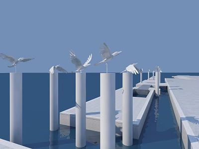 White Bird Statues Perched On White Pillars In Water With Blue Sky And Dock 3d model