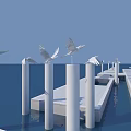 White Bird Statues Perched On White Pillars In Water With Blue Sky And Dock