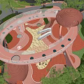 Creative Outdoor Kids Play Area With Circular Paths Round Towers And Green Trees