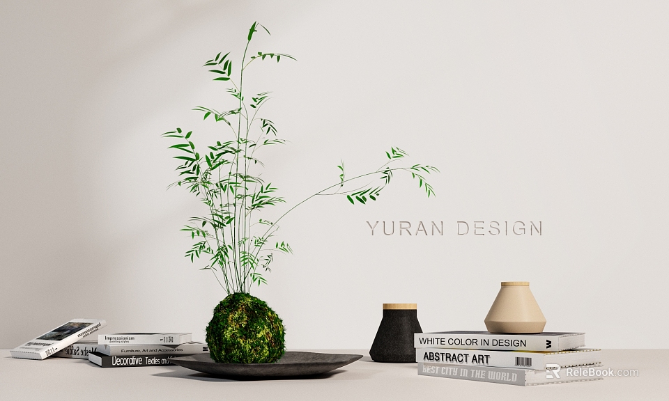 Potted Bamboo Plant Interior Decor With Design Elements Books And Decorative Vases 3d model 