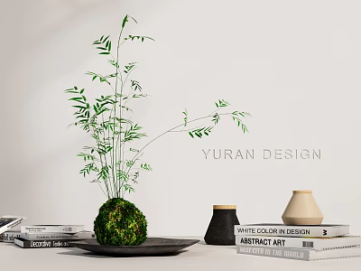 Potted Bamboo Plant Interior Decor With Design Elements Books And Decorative Vases 3d model