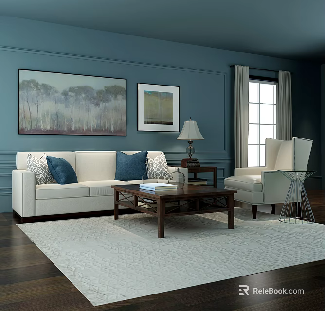 Beige Sofa and Wooden Coffee Table Set with Blue Cushions Accent Chair Artwork 3d model 