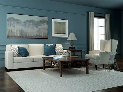 Beige Sofa and Wooden Coffee Table Set with Blue Cushions Accent Chair Artwork 3d model