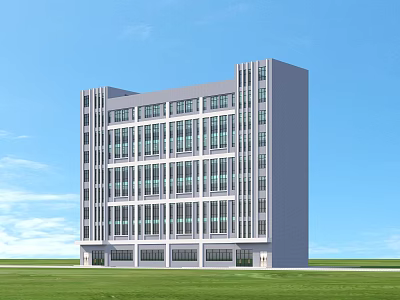 Modern Industrial Factory Building With Multi Storey Structure Large Glass Windows And Green Lawn 3d model
