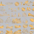 Chinese Traditional Garden Ornaments Featuring Golden Engraved Landscapes Pagodas Teapots And Figures
