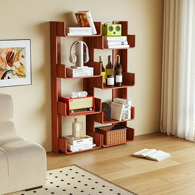 Wooden Bookshelf With Books Headphones Radio Wine Bottles And Basket In Living Room 3d model
