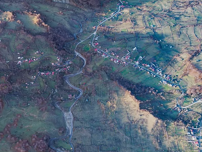 Aerial View Of Mountainous Landscape With Winding River Through Valley And Villages On Green Slopes 3d model