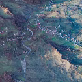 Aerial View Of Mountainous Landscape With Winding River Through Valley And Villages On Green Slopes