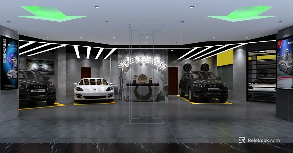Modern Auto Detailing Shop Interior With Display Cars And Lighting Fixtures 3d model 