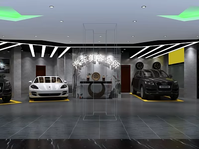 Modern Auto Detailing Shop Interior With Display Cars And Lighting Fixtures 3d model