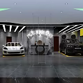 Modern Auto Detailing Shop Interior With Display Cars And Lighting Fixtures