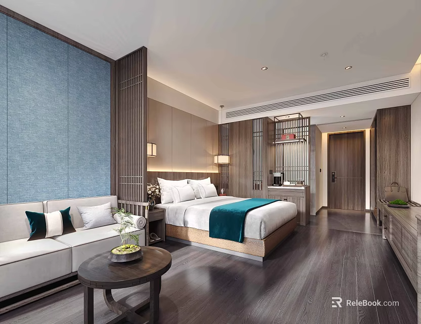 Modern Chinese Style Hotel Room Interior With Blue Wall Wooden Decor Sofa And Large Bed 3d model 